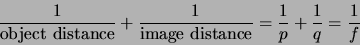 \begin{displaymath}\frac{1}{\mbox{object distance}} + \frac{1}{\mbox{image distance}} =
\frac{1}{p} + \frac{1}{q} = \frac{1}{f} \end{displaymath}