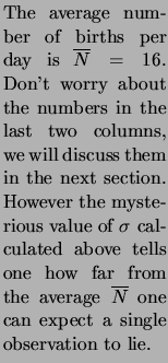$\textstyle \parbox{0.27\linewidth}{
The average number of births per day is $\o...
...from the average $\overline N$ one can expect a single
observation to lie.
}$